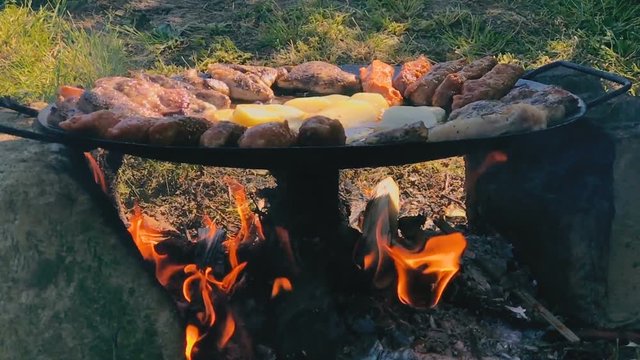 Slow motion of food grilling in a disc grill
