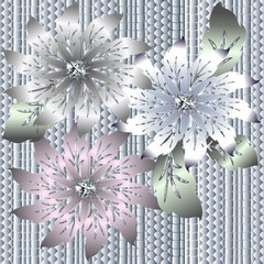 3d vintage floral seamless pattern. Ornate textured patterned white background. Beautiful 3d flowers with diamonds, scroll leaves in Baroque style. Modern luxury design. Surface relief texture.