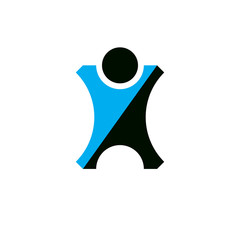 Vector illustration of happy abstract individual with raised hands up. Successful business career abstract logotype. Corporate development symbol. Freedom creative icon.