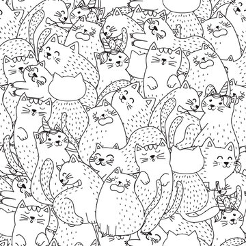 Funny cats black and white seamless pattern. Great for  coloring page, prints, backgrounds, textile and fabric. Vector illustration