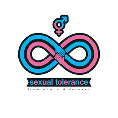 Sexual Tolerance conceptual symbol, Zero tolerance, vector symbol created with infinity loop sign and two hands of people of different orientation touching and reaching each other.