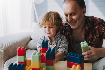 Happy grandfather and little grandson play blocks. Family fun. - Powered by Adobe
