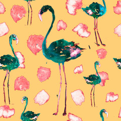 Watercolor Seamless Pattern With Flamingo and Dots. Exotic Summer Beach Motif. Swimwear Design, Wrapping, Background, Wallpaper, Fabric. Hawaiian Print. Jungle Birds Repeated Ornament. Africa.