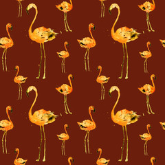 Hand Drawn Illustration With Flamingo. Exotic Summer Beach Motif. Swimwear Design, Wrapping, Background, Wallpaper, Fabric. Hawaiian Print. Jungle Birds Repeated Ornament. Aloha. Boho. Africa.