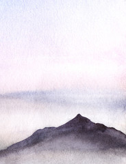 The dark silhouette of a mountain cliff against the background of a light sky. Hand drawn real watercolor background. illustration