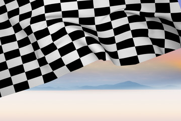 Checkered flag against serene landscape