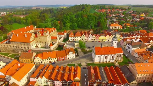 Camera flight around the castle Horsovsky Tyn founded in the half of the 13th century.Czech Republic. Aerial view of a landmark in Czech Republic.