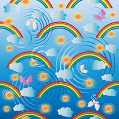 Fototapeta na wymiar Coorful baby seamless pattern. Vector light blue cute background. Sky, rainbow, sun, butterflies, swirls. Beautiful design for baby wallpapers, fabric, textile, clothes, prints. Happy summer holidays.