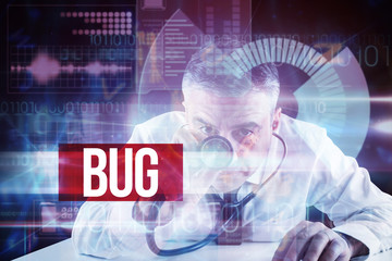 The word bug and mature businessman running diagnostics against blue technology interface with dial 