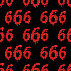 Cartoon seamless pattern with bloody numbers 666 on black background.Hell, death and satan symbol.