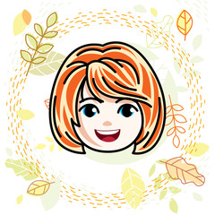 Cute girls face, human head. Vector redhead character, smiling girl face features.