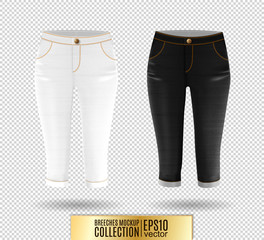 Set of realistick vector breeches mockup. Denim knickerbockers. Blue corduroys. White and black jeans knee-breeches set on transparent background.