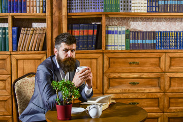 Aristocratic lifestyle concept. Aristocrat on strict face having tea.