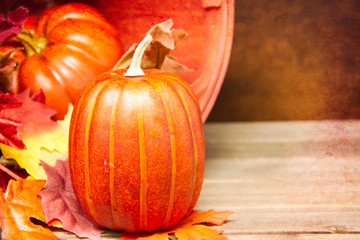 A fall themed background featuring a small pumpkin in focus with an out of focus background with a bucket and fall foliage.