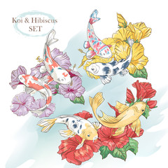 Beautiful set of floral composition with exotic blooms of hibiscus and koi fish