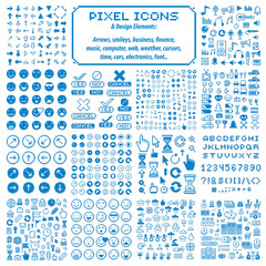 Vector pixel icons isolated, collection of 8bit graphic elements. Simplistic digital signs made in economic, business, social and emotion concepts.