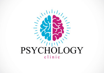Obraz premium Human anatomical brain, mental health psychology conceptual logo or icon, psychoanalysis and psychotherapy concept. Vector simple classic design.