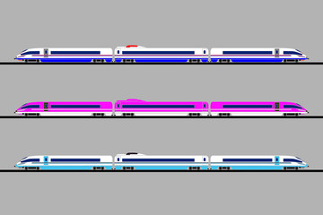 A set of high-speed trains of different colors on a grey background. Vector flat design.
