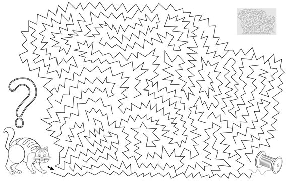 Logic puzzle game with labyrinth for children and adults. Help the cat find the way till the spool. Black and white vector image.