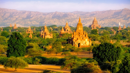 Sunrise landscape view of beautiful old temples in Bagan, Myanmar