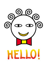 Funny smiling little man with the inscription Hello. Vector graphics