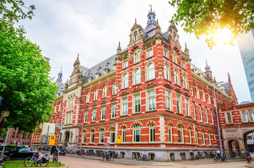 Traditional old street and buildings  in Utrecht, Netherlands.