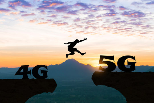 Technology 4G to 5G Men jump over silhouette