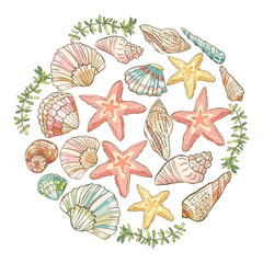 Vector hand drawn round composition with shells and starfish. Vector illustration