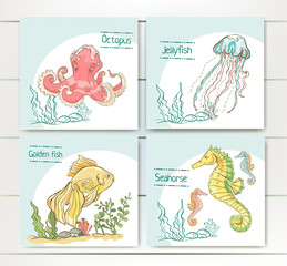 Cards with hand drawn jellyfish,octopus,golden fish and seahorse. Illustration for children book