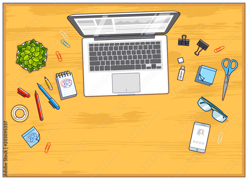 Fototapete Wooden work desk workspace top view with laptop computer and a lot of different stationery objects on table with copy space. All elements are easy to use separately or recompose illustration. Vector.