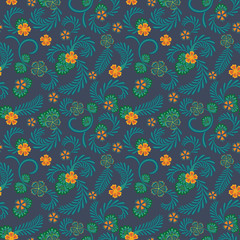 A simple floral pattern, convenient for editing and repainting. Graceful floral orange blue pattern on a gray background. Vector.