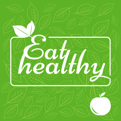 label eat healthy on green background. The sticker with the leaf and apple. vector illustration of symbol of ecology. 