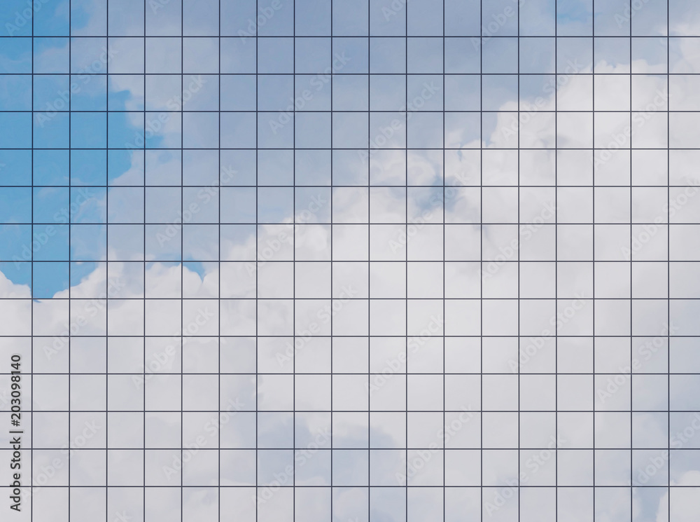 Poster view of the clouds reflected in the glass office building. 3d rendering