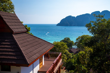 A beautiful, scenic sea view from a bungalow at Koh Phi Phi island along the Andaman coast of Thailand.