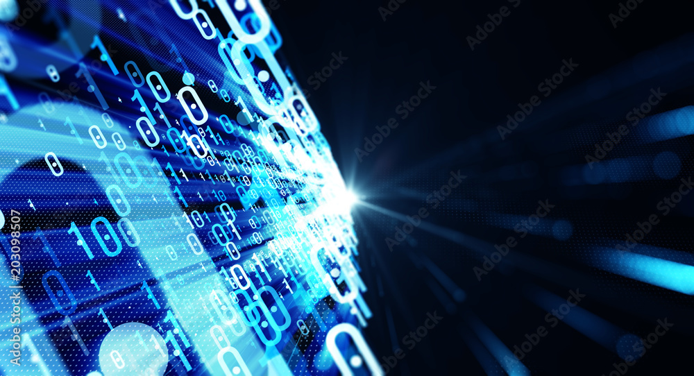 Poster Binary code  background/Color  bytes of binary code flying through a vortex, background code depth of field with lens flares