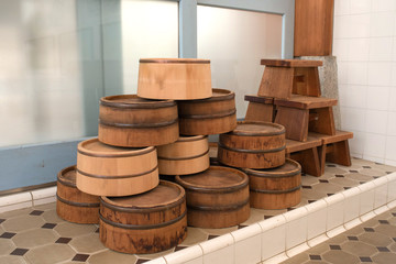 Bathroom items in Sento (Japanese public bathhouse)　銭湯の風呂桶と椅子