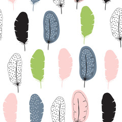 Vector seamless pattern with feathers in Scandinavian style. Cute print.