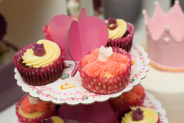Candy bar. Table with sweets,  cupcakes, candies