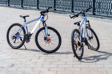 Obraz premium two bicycles stand on the road