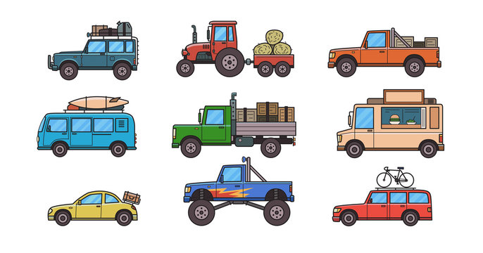 Colorful cars and trucks. Types of cars. Different cars for different purposes. Set of isolated images on white background. Vector illustration, flat style.