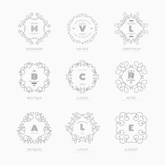 Set of luxury monogram logo templates. Elegant design for business sign, restaurant, wedding shop, jewelry, fashion, product design, brand sign. Vector illustration.