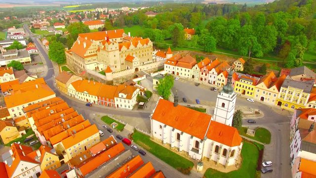 Camera flight around the castle Horsovsky Tyn founded in the half of the 13th century.Czech Republic. Aerial view of a landmark in Czech Republic.