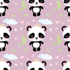Cute panda bear with crown and bamboo Seamless pattern background