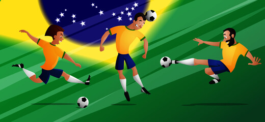 A set of the team Brazil Football or soccer players in yellow blue uniform kicking the ball. Isolated from background. Drawn in a cartoon style.