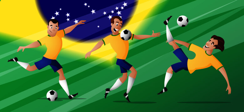 A set of the team Brazil Football or soccer players in yellow blue uniform kicking the ball. Isolated from background. Drawn in a cartoon style.