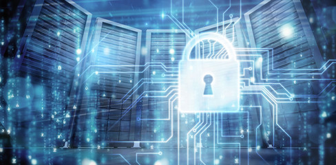 Digitally generated black and blue matrix against composite image of server room