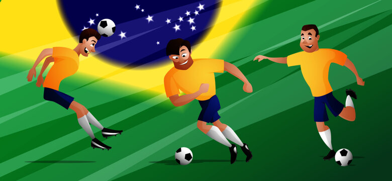 A set of the team Brazil Football or soccer players in yellow blue uniform kicking the ball. Isolated from background. Drawn in a cartoon style.