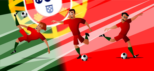 A set of the team Portugal football or soccer players kicking the ball. Isolated from background. Drawn in a cartoon style.