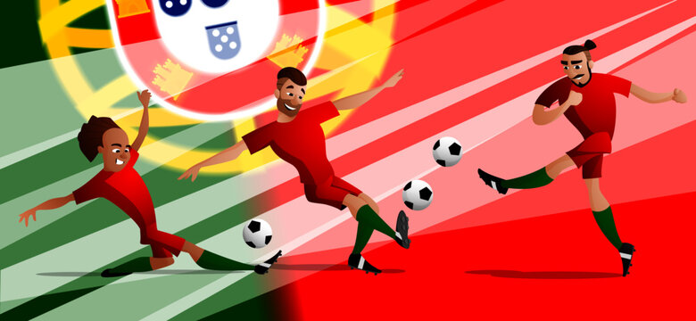 A set of the team Portugal football or soccer players kicking the ball. Isolated from background. Drawn in a cartoon style.