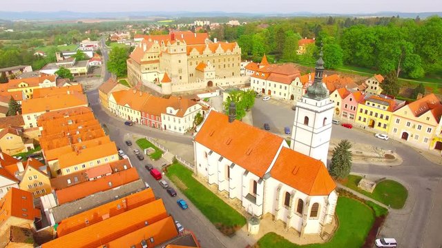 Camera flight around the castle Horsovsky Tyn founded in the half of the 13th century.Czech Republic. Aerial view of a landmark in Czech Republic.